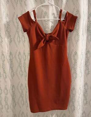 Le Chateau Rust Orange Tie Front Off Shoulder Mini Bodycon Dress